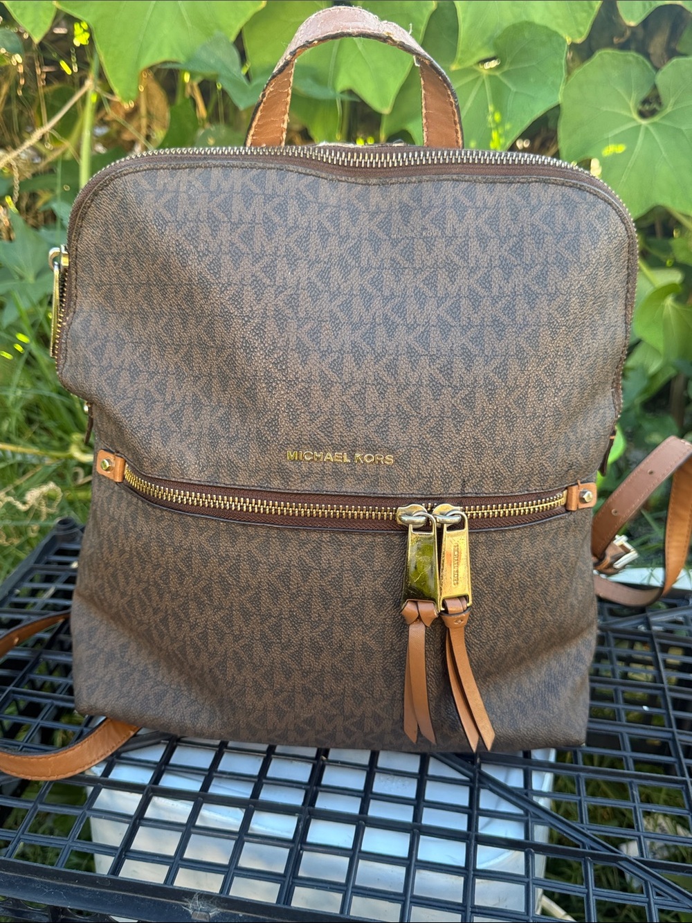 Michael Kors Brown Tan MK Logo Backpack with Gold Hardware